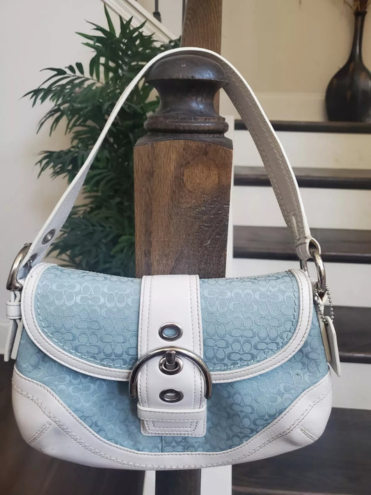 Coach Vintage F10926 Soho Blue Signature C Canvas & White Leather Bag